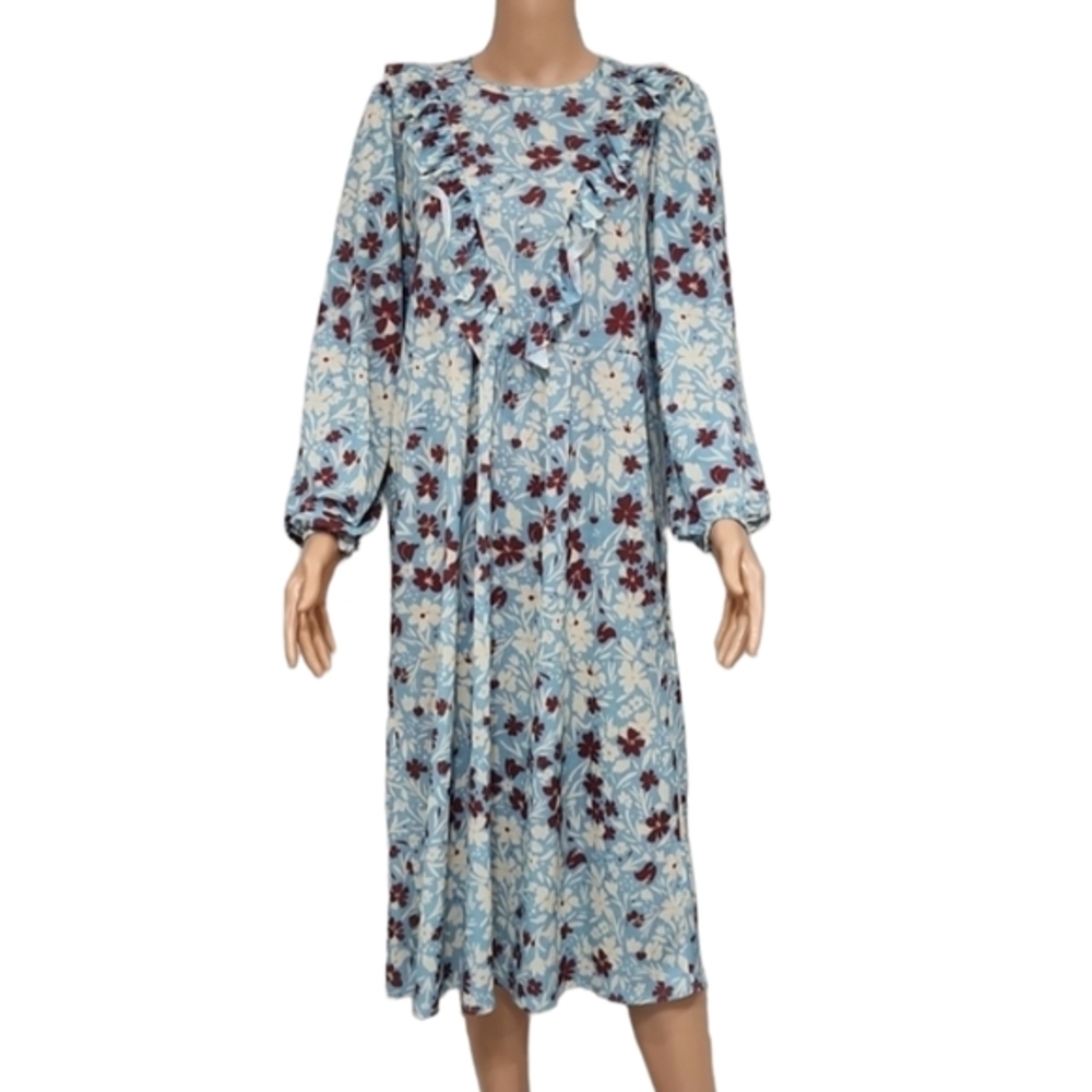 Zara Midi Dress Ruffled with Flowers Light Blue Long‎ Sleeve Size Small
